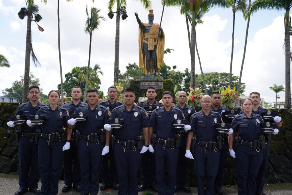 Hawai‘i Police Departments 100th Police Recruit Class pictured left to right: (Second Row) Kinaole Judah Hernandez, Kason Pacheco-Milare, Casey Souza Jr., Jaime Chavez-Segura, Tyson Ishibashi, John Allan Antonio, Reis Darkjian. (First Row) Sarha Reich, Ikona Rapoza, Clyde Domen, Gerardo Ibarra, Elieser Quinones, Nikita Yoeman.