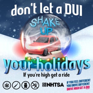 Infographic with car in snow globe warning against the dangers of driving high on New Year’s Eve. 