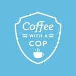 police badge graphic on blue background that says coffee with a cop