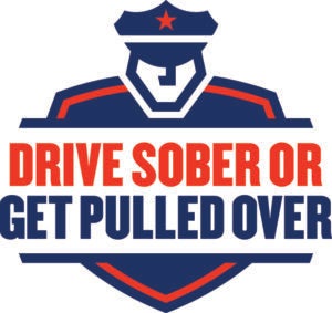 Red and blue graphic of officer holding sign stating "Drive Sober or Get Pulled Over".