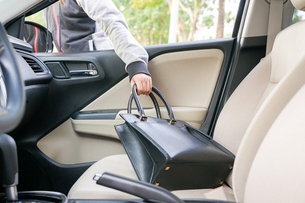 Man grabbing a purse from a car seat