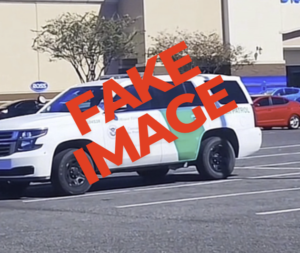 image of border control SUV in front of store with text overlay stating it is a fake image. 